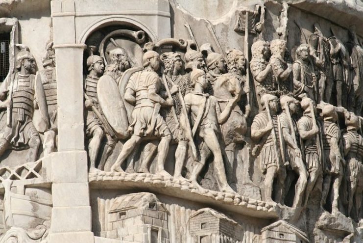 Relief scene of Roman legionaries marching, from the Column of Marcus Aurelius, Rome, Italy, 2nd century AD.Photo: Barosaurus Lentus CC BY 3.0