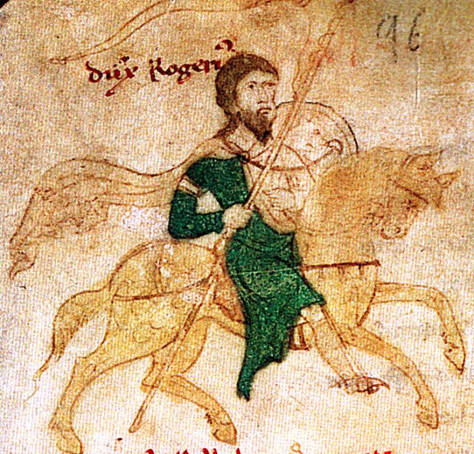 Roger II riding to war, from Liber ad honorem Augusti of Petrus de Ebulo, 1196.