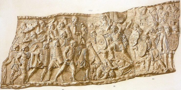 roomalaiset jousimiehet (ylhäällä vasemmalla) toiminnassa. Huomaa kartiomaiset kypärät, jotka viittaavat syyrialaiseen yksikköön, ja rekursiiviset Jouset. Trajanuksen pylväs, Rooma
