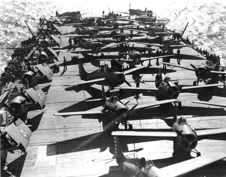Spitfires and Wildcats aboard Wasp on 19 April 1942.