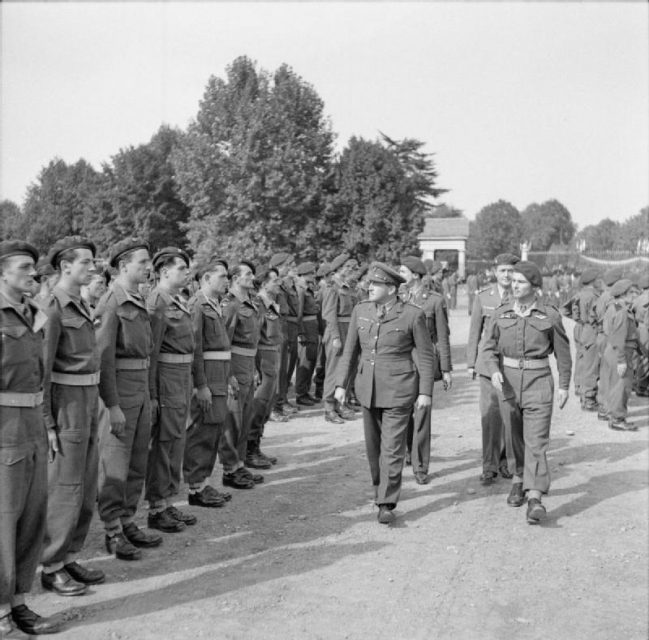 Brigadier Mike Calvert, Commandant SAS Brigade, at the ceremony marking the passing of 3 and 4 SAS (2 and 3 Regiment de Chasseurs Parachutistes) from the British to the French Army at Tarbes in southern France.
