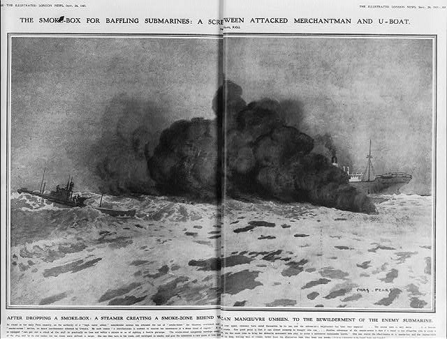 The illustrated London News 1917; Title: The smoke-box for baffling submarines: …After dropping a smoke-box: a steamer creating a smoke-zone behind…