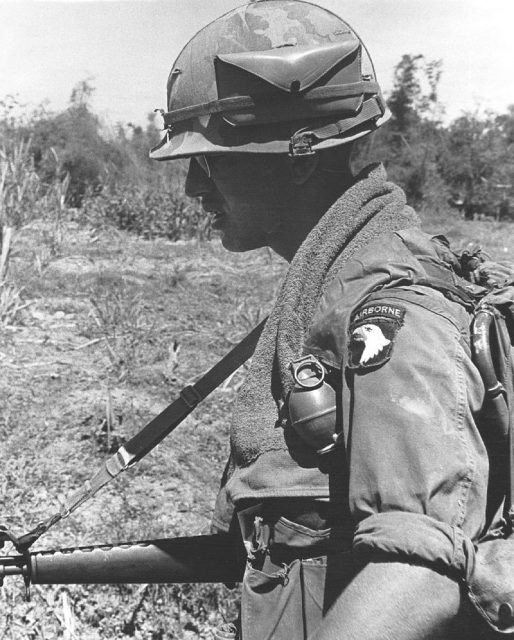 LT James F. Gregory, Platoon leader takes his men into a northern village, Company B, 1st Battalion (Airborne), 501st Inf., 101st Airborne. Division, Vietnam.