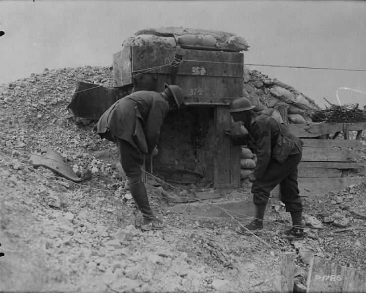 A steel and concrete sniper’s post in ground captured by Canadians in recent push, Hill 70. August, 1917.