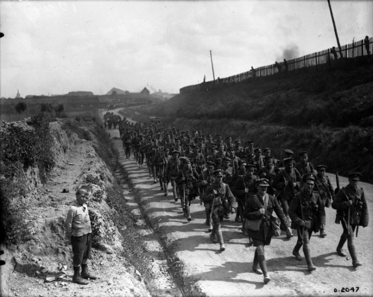 14th Battalion who fought on Hill 70 on way to rest camp. October 1917.