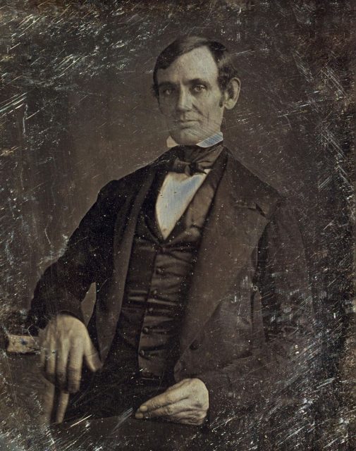 Abraham Lincoln in his late 30s as a member of the U.S. House of Representatives, when he opposed the Mexican–American War. Photo taken by one of Lincoln’s law students around 1846.