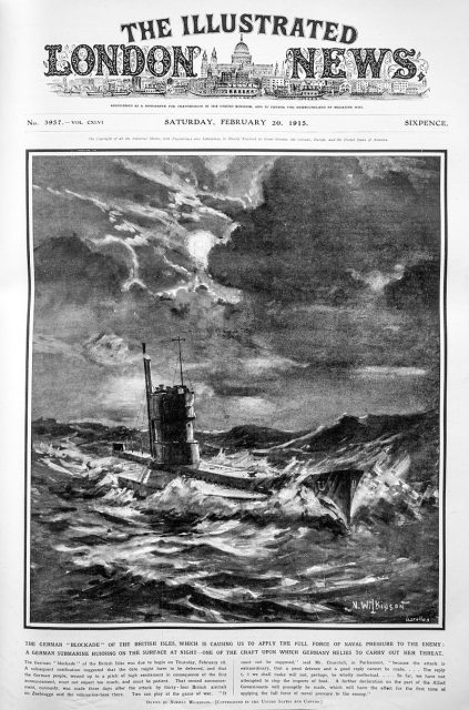 German U-boat from WWI. Engraving from The Illustrated London News, Feb 20 1915