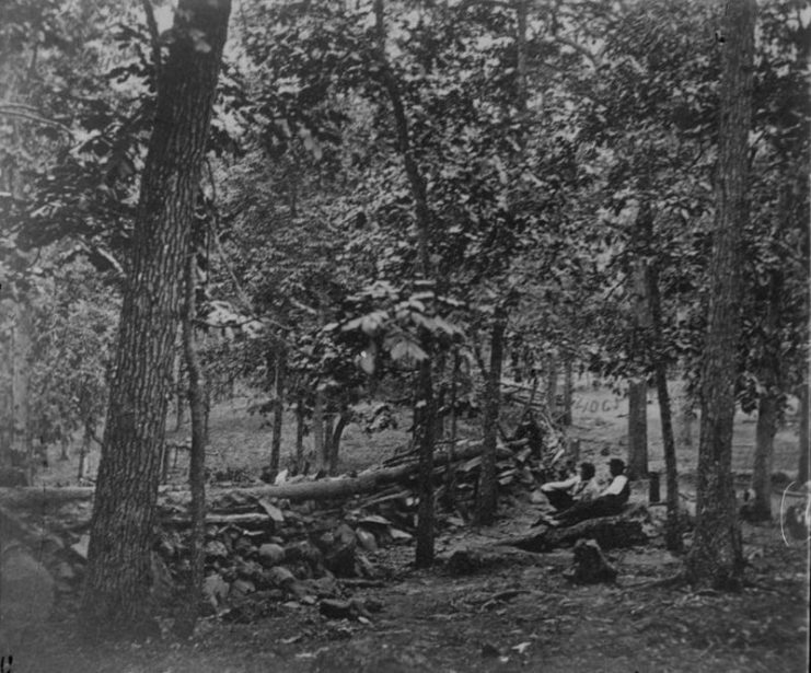 Gettysburg, Pennsylvania. Federal breastworks in the woods on Culp’s Hill