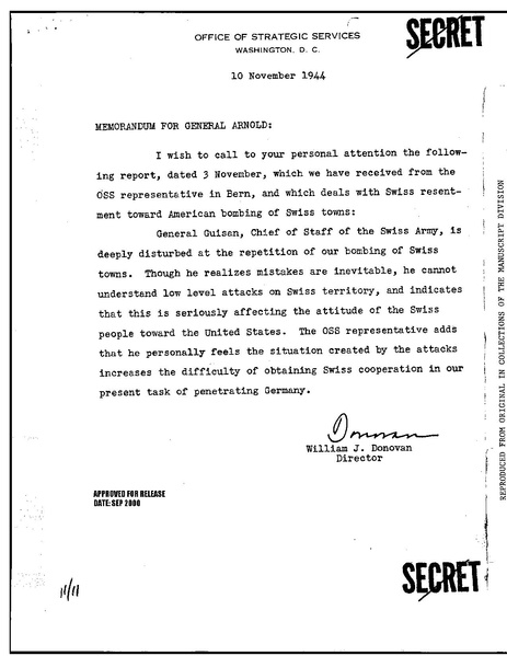 Letter from OSS director William J. Donovan regarding bombings of Swiss towns.