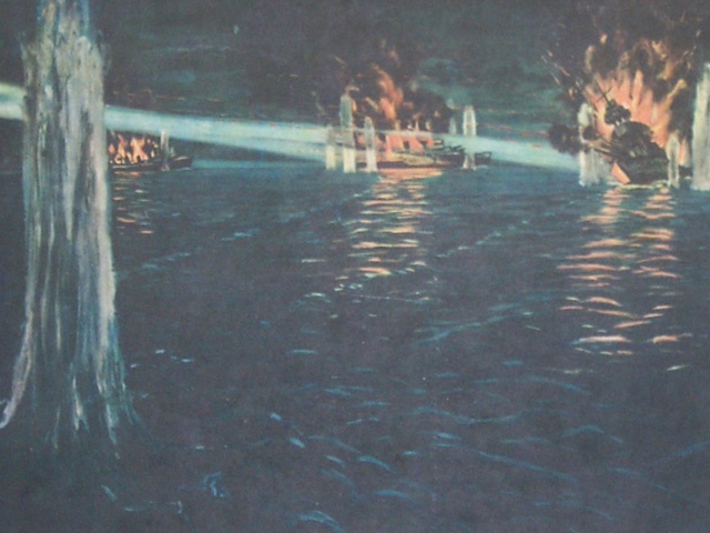 Japanese artwork from during the war depicts the destruction of three U.S. cruisers by Japanese warships at Savo Island