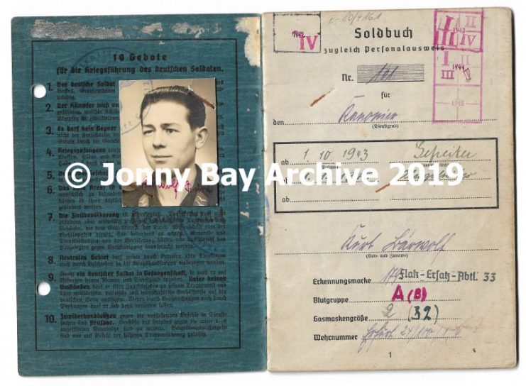 The Soldbuch of Flak Gunner Bärwolf, a silent witness to the chaos of Berlin during World War II. This was carried in Bärwolf’s pocket throughout his career with Turmflak Abt 123. Source: © Jonny Bay Archive 2019
