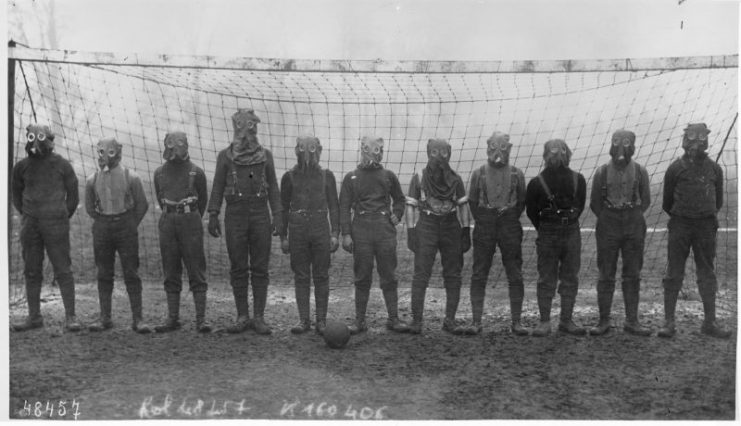 World War I, British soccer team with gas masks, 1916.