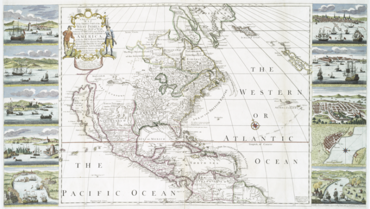 A map of the trading part of the West Indies created 1741 in honor of Vernon shows Boca Chica, Cartagena – 2nd from the bottom left