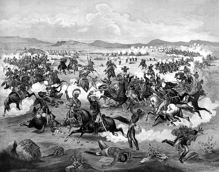 1876 illustration of Lieutenant Colonel Custer on horseback and his U.S. Army troops making their last charge at the Battle of the Little Bighorn.