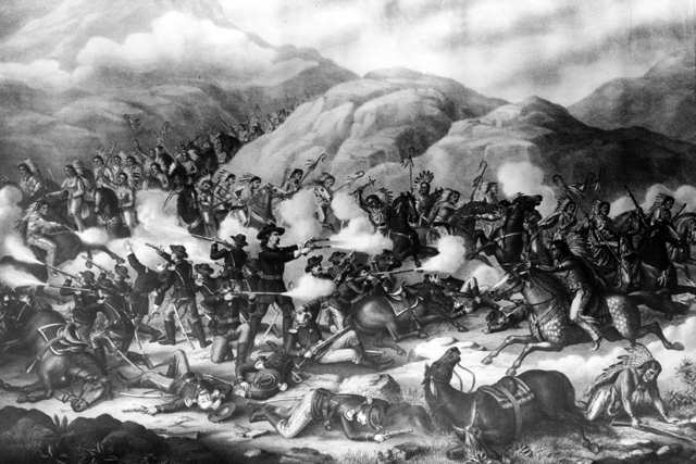 Lieutenant Colonel Custer and his U.S. Army troops are defeated in battle with Native American Lakota Sioux and Northern Cheyenne on the Little Bighorn Battlefield, June 25, 1876, at Little Bighorn River, Montana.