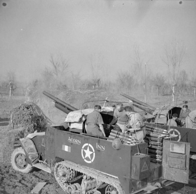 M3 GMCs used for indirect fire in Italy, February 18, 1945.