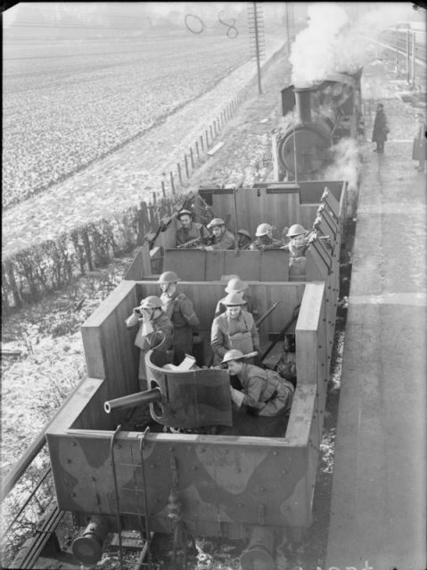 Polish troops man an armored train – armed with a 6-pounder tank gun, two Boys anti-tank rifles and six Bren guns.