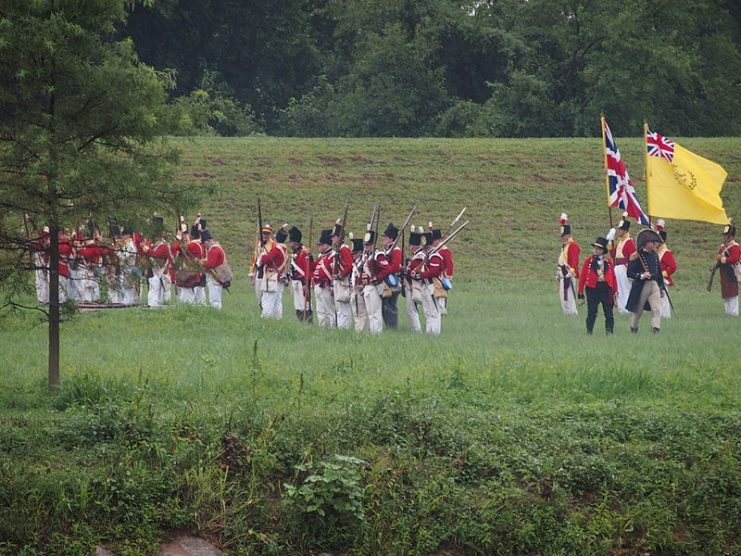 The 200th Anniversary reenactment of the battle, on August 23, 2014, showing the British line infantrymen advancing.
