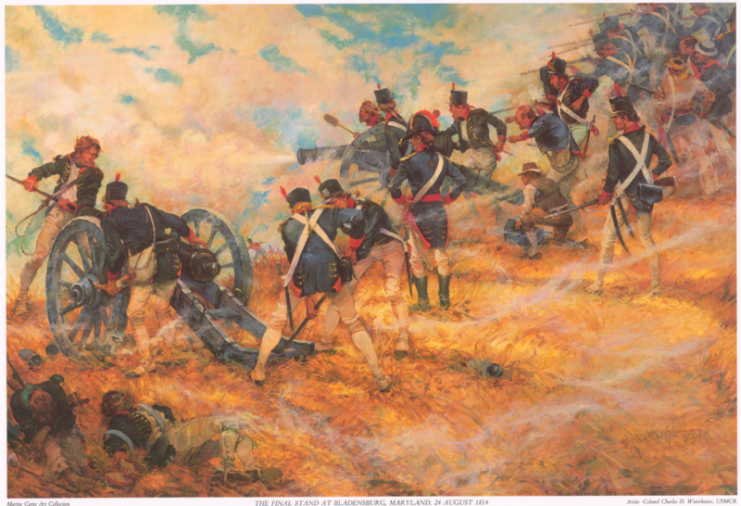 Colonel Charles Waterhouse’s painting of the U.S. marines manning their guns at Bladensburg, on the boundary of Washington-Maryland.