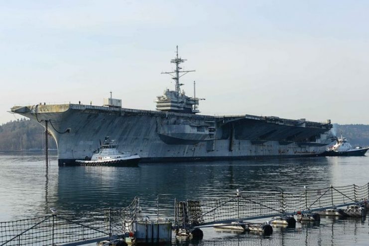 Ranger being towed from Naval Base Kitsap-Bremerton at the start of her voyage to be scrapped in Brownsville, Texas