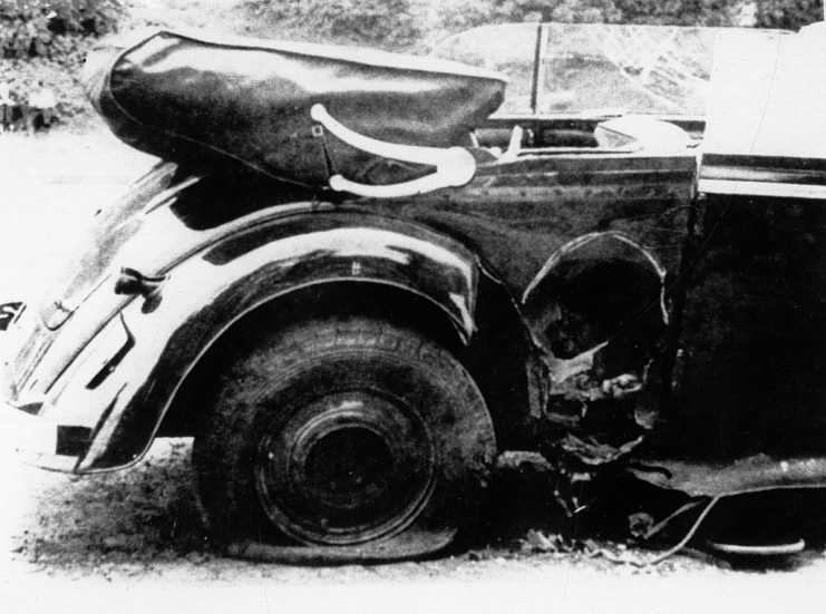 The car Heydrich was driving in Prague, Czechoslovakia, when he was mortally wounded by a grenade thrown by Czech partisans, 4 June 1942. GETTY.