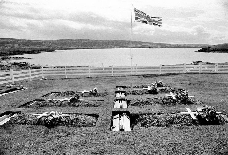 The Blue Beach War Cemetery in Port San Carlos in the Falkland Islands, October 1982. In the foreground (right) is the grave of Lieutenant-Colonel H. Jones (1940-1982), who was posthumously awarded the Victoria Cross. (Photo by Tom Stoddart/Getty Images)