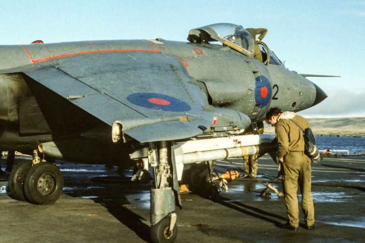 Sidewinder missile on an 800 squadron Sea Harrier aircraft landing on HMS Fearless L10 during the Falklands War 1982. It was unable to land at the damaged Sheathbill air strip, the pilot was Lt-Cdr Neil Thomas. (Photo by Terence Laheney/Getty Images)
