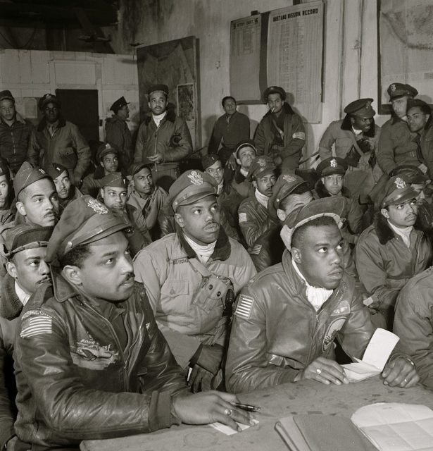 ITALY – CIRCA 1945: Tuskegee airmen attending a briefing. (Photo by Buyenlarge/Getty Images)