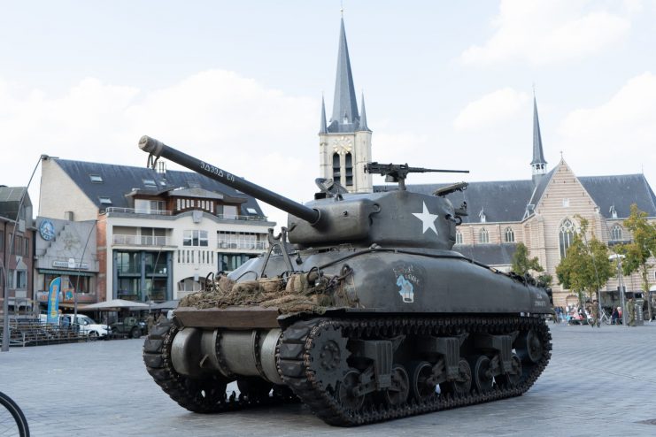 M4 Sherman tank displayed on the Grote Markt at Geel, Antwerp province.