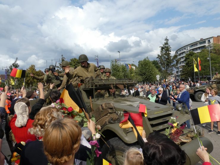 Reenactors of the 2nd Armored Division arriving at Hasselt.