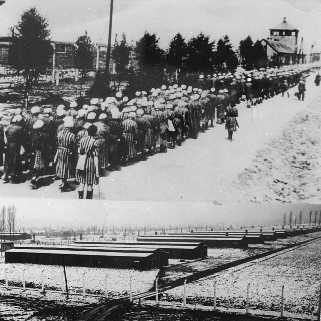 Above: Female prisoners return after their daily work to the concentration camp Auschwitz; guarded by guards with long sticks. Ca. 1943. Below: view of the camp in Auschwitz in 1963. Photograph was used for the prosecution in the so-called Auschwitz trial 1964/1965. (Photo by Votava/Imagno/Getty Images) .