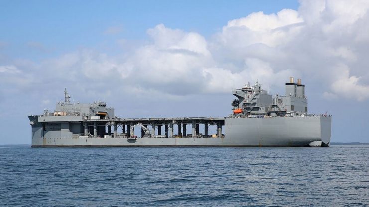 The Military Sealift Command expeditionary sea base USNS Hershel ‘Woody’ Williams (ESB 4) is at anchor in the Chesapeake Bay, Sept. 15, 2019 during mine countermeasure equipment testing. (U.S. Navy photo by Bill Mesta/Released)