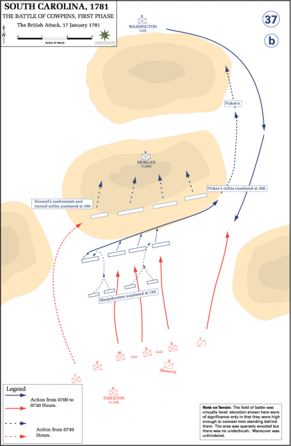 British attack at Cowpens, the first phase of the Battle of Cowpens