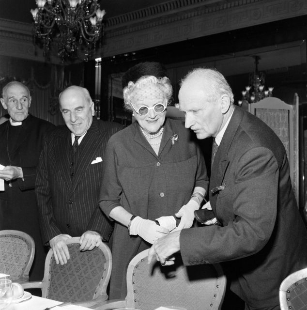Field Marshal the Viscount Montgomery of Alamein KG, GCB, DSO photographed with Lady Churchill GBE at a luncheon organised by Foyles Bookshop at the Dorchester Hotel. 31st October 1958. (Photo by Smith/Mirrorpix via Getty Images)