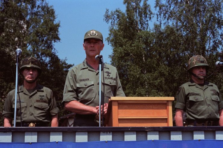 Gen. Frederick Kroesen, center, commander of U.S. Army Europe, speaks during a change of command ceremony in 1982. Kroesen died April 30, 2020, at 97