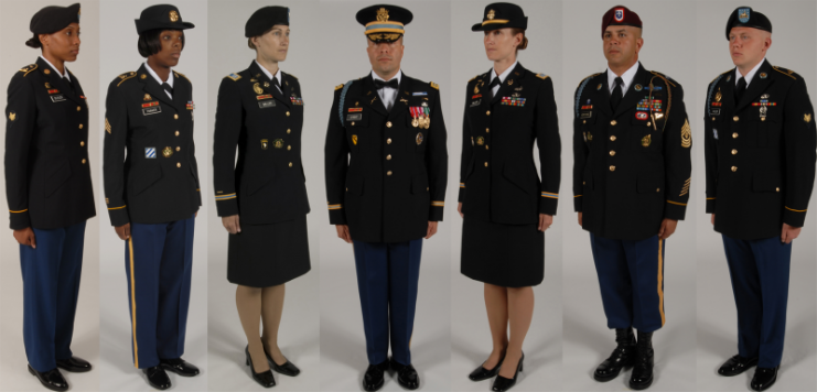 The new “Army greens” will be a general service uniform while the blue Army Service Uniform (center) will return to its former use as a ceremonial and parade uniform.