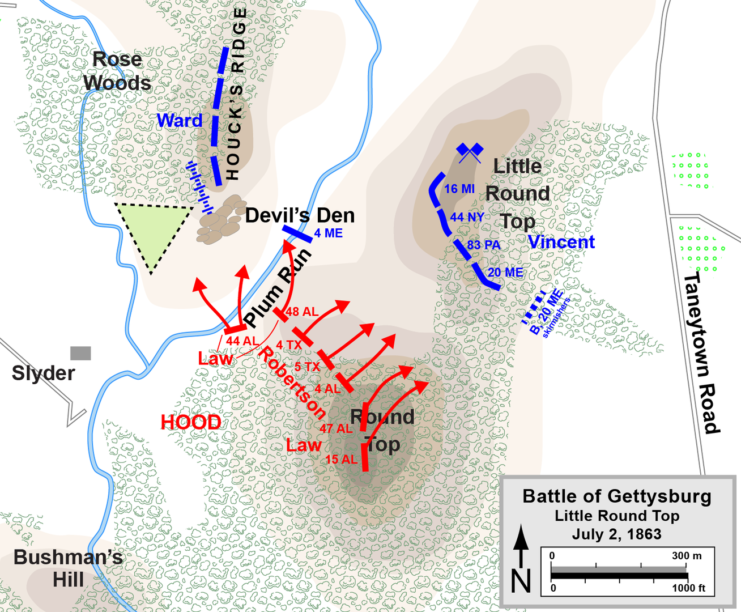 Battle of Little Round Top, initial assault. Map by Hal Jespersen