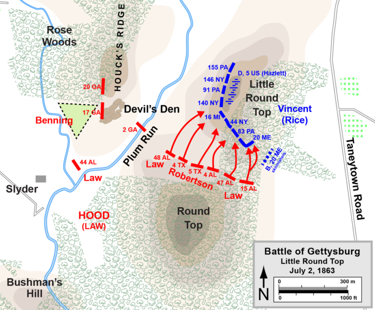 Battle of Little Round Top: final assault. Map by Hal Jespersen.