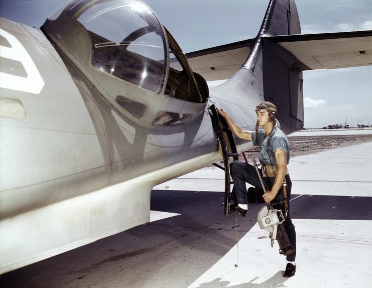 PBY waist gunner mounting port side gun blister.