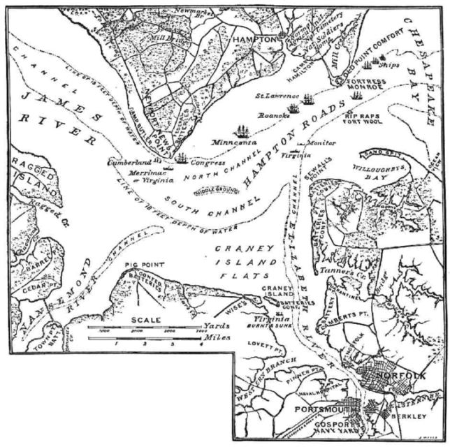Map of events of the Battle of Hampton Roads