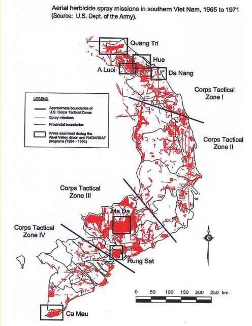 Map showing locations of U.S. Army aerial Agent Orange spray missions in South Vietnam taking place from 1965 to 1971.