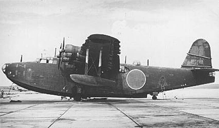 A Kawanishi H8K2 Type 2 Flying Boat ashore.