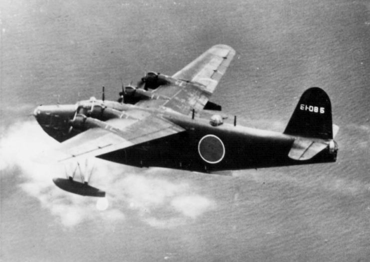 An H8K2 51-085 of the 851st Kōkutai in flight, before being shot down by a U.S. Navy PB4Y-1, 2 July 1944.