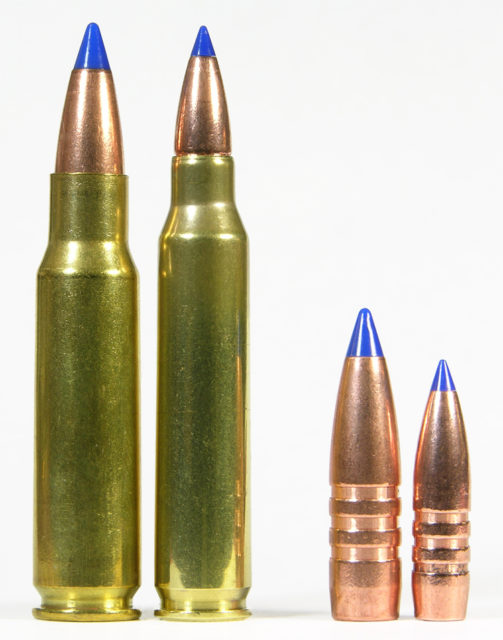 6.8 mm cartridge (left) next to a 5.56×45 mm NATO cartridge. Image by The38superdude CC BY-SA 3.0