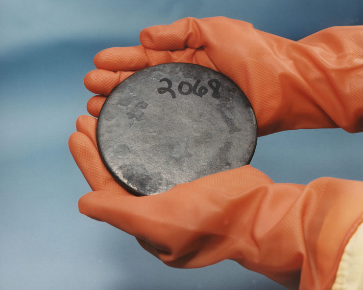 A billet of highly enriched uranium that was recovered from scrap processed at the Y-12 National Security Complex Plant. Original and unrotated.