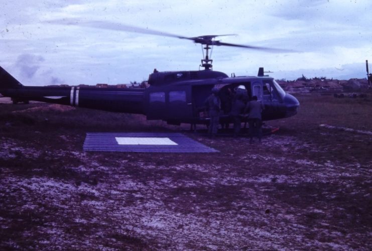 Buchta remarked in several of his letters that helicopters, most notably the UH-1 Iroquois, referred to as the “Huey,” were used to transport wounded service members from the field to their hospital for treatment. Courtesy of Don Buchta