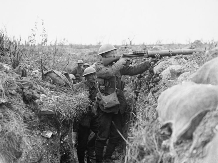 A Lewis light machine gun in action in a front line trench near Ovillers. Possibly troops of the Worcestershire Regiment of the 48th Division.
