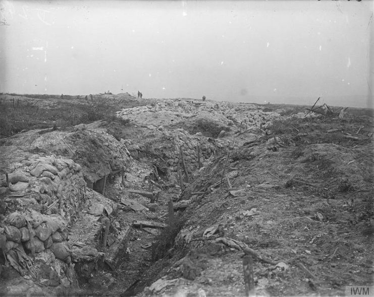 A Wrecked German trench near Guillemont. September 1916.