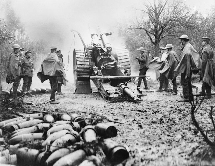An 8-inch Mk V howitzer in action at Aveluy during the Battle of the Somme.