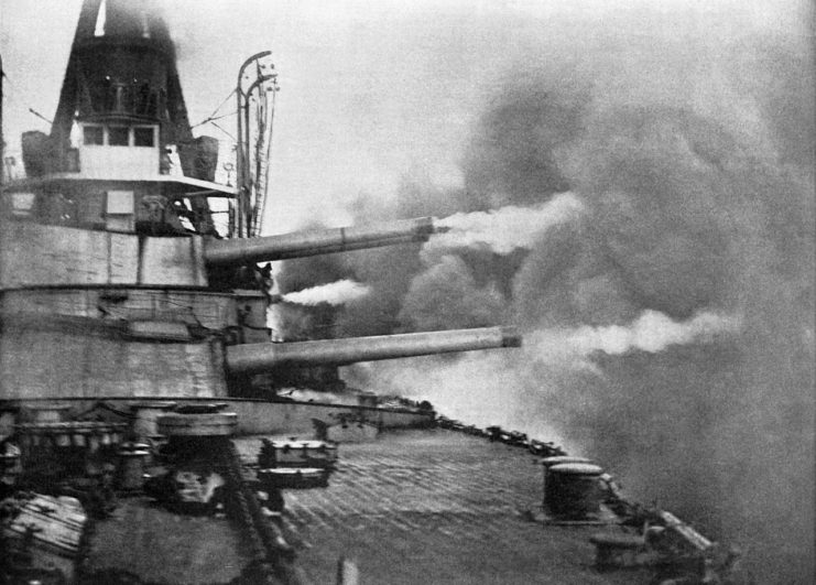 Caption from Scientific American: “During the gun trial of “Minas Geraes” ten 12-inch guns were trained on the broadside and discharged simultaneously. The combined energy of the projectiles amounted to 500,000 foot-tons, or sufficient to lift the ship bodily 26 feet into the air. … The Greatest Broadside ever fired from a battleship.”